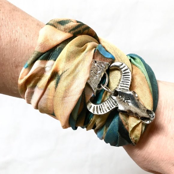 Conceptual Subculture Jewelry - Pink Floyd Vintage Scarf Wrap Bracelet Bull Head Slave Biker Steampunk Cuff